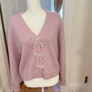Pink V-Neck Sweater with Pearl  Bow Details